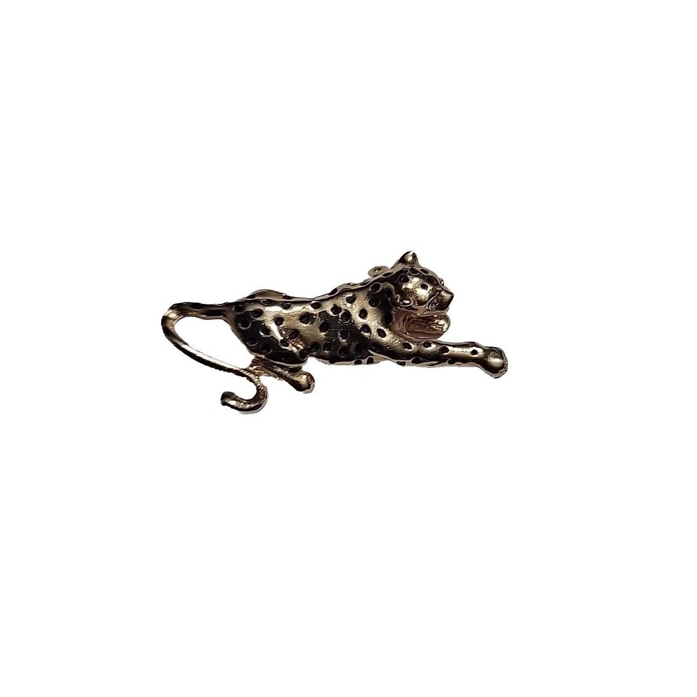 Vintage Leopard Cheetah Brooch Pin Gold Tone Stalking Black Spotted Cat 2 1/2"